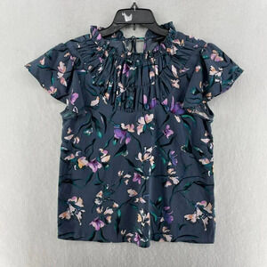 Halogen Blouse Women's Sz S Blue Purple Floral Ruffle Flutter Sleeves Sheer